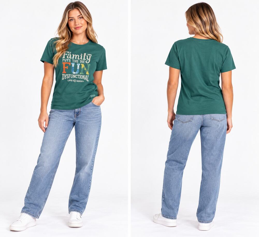 Life Is Good Crusher Tee My Family Puts Fun Dysfunctional L/G Green Cotton
